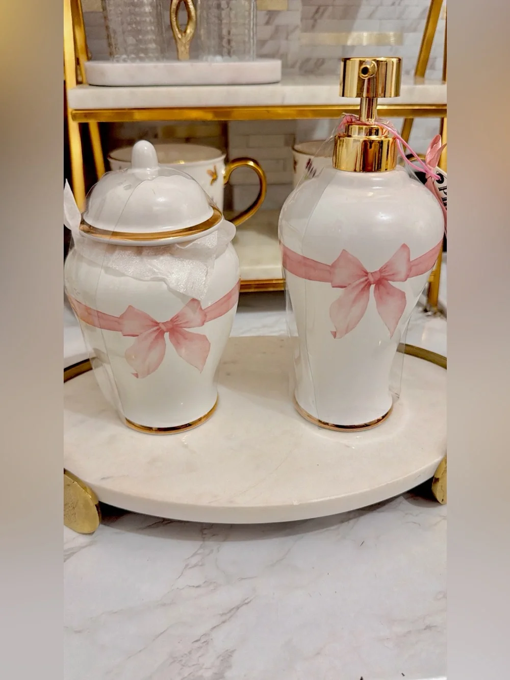 Porcelain Pink Ribbon Ceramic Canister and Soap Dispenser Set